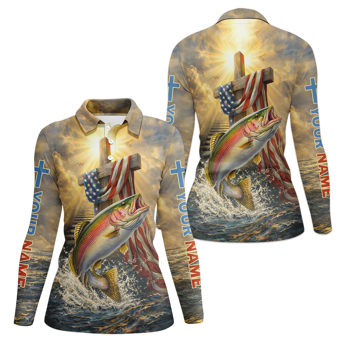 Faith Cross Patriotic Fishing Shirt, Fishing UPF Shirts, 250th Anniversary Fishing Shirt For Women