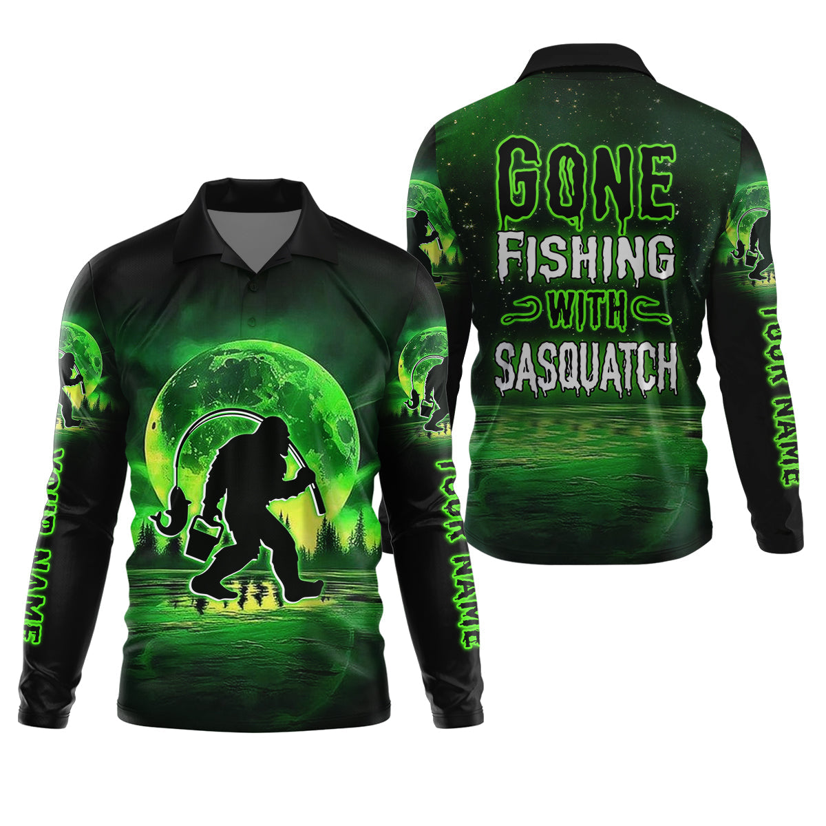 Gone Fishing With Sasquatch Neon Green Color Funny Fishing Shirt, SPF Shirt For Men, Presents For Fishermen