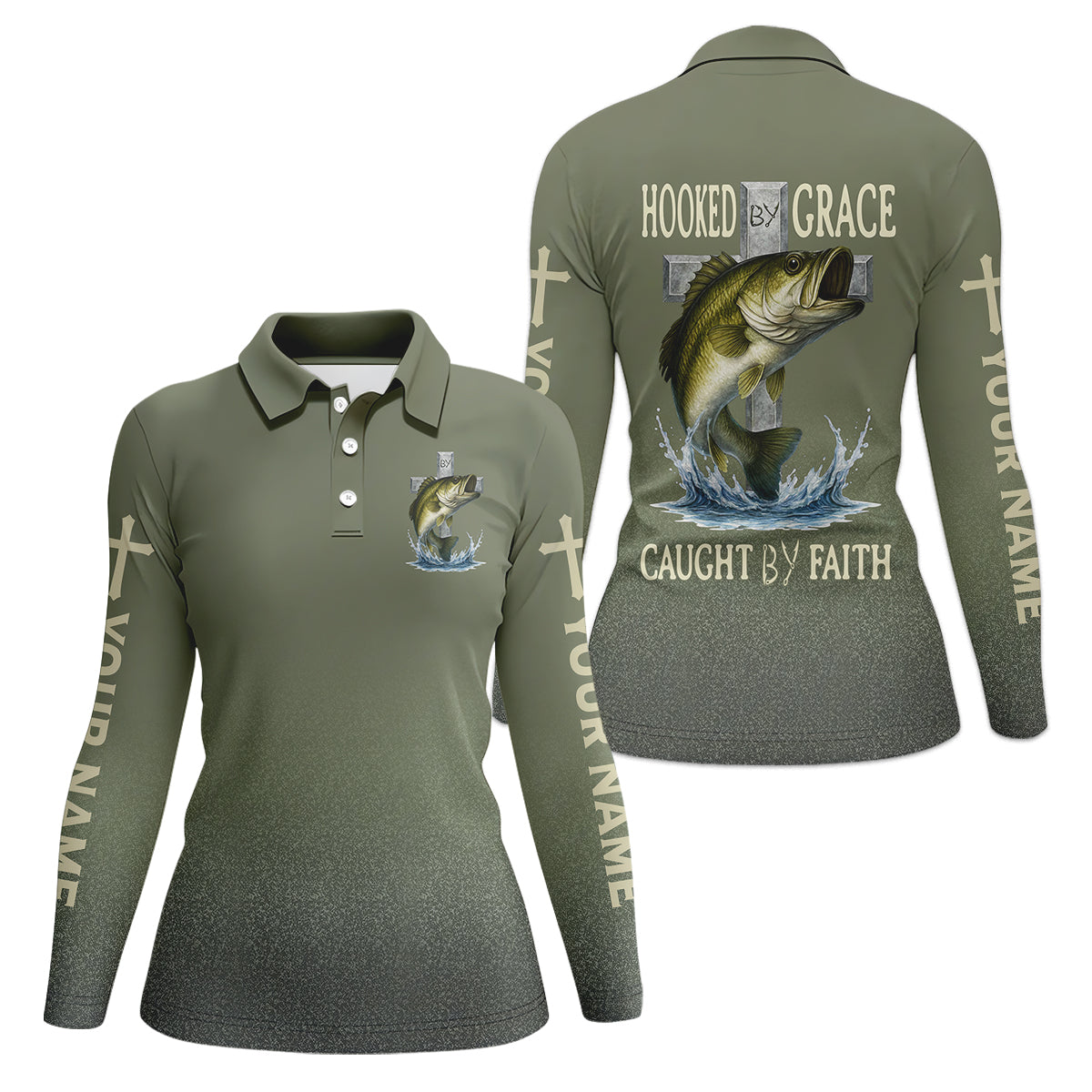 Hooked By Grace Caught By Faith Cross Christian Fishing UPF Shirts, Women Fishing Shirt