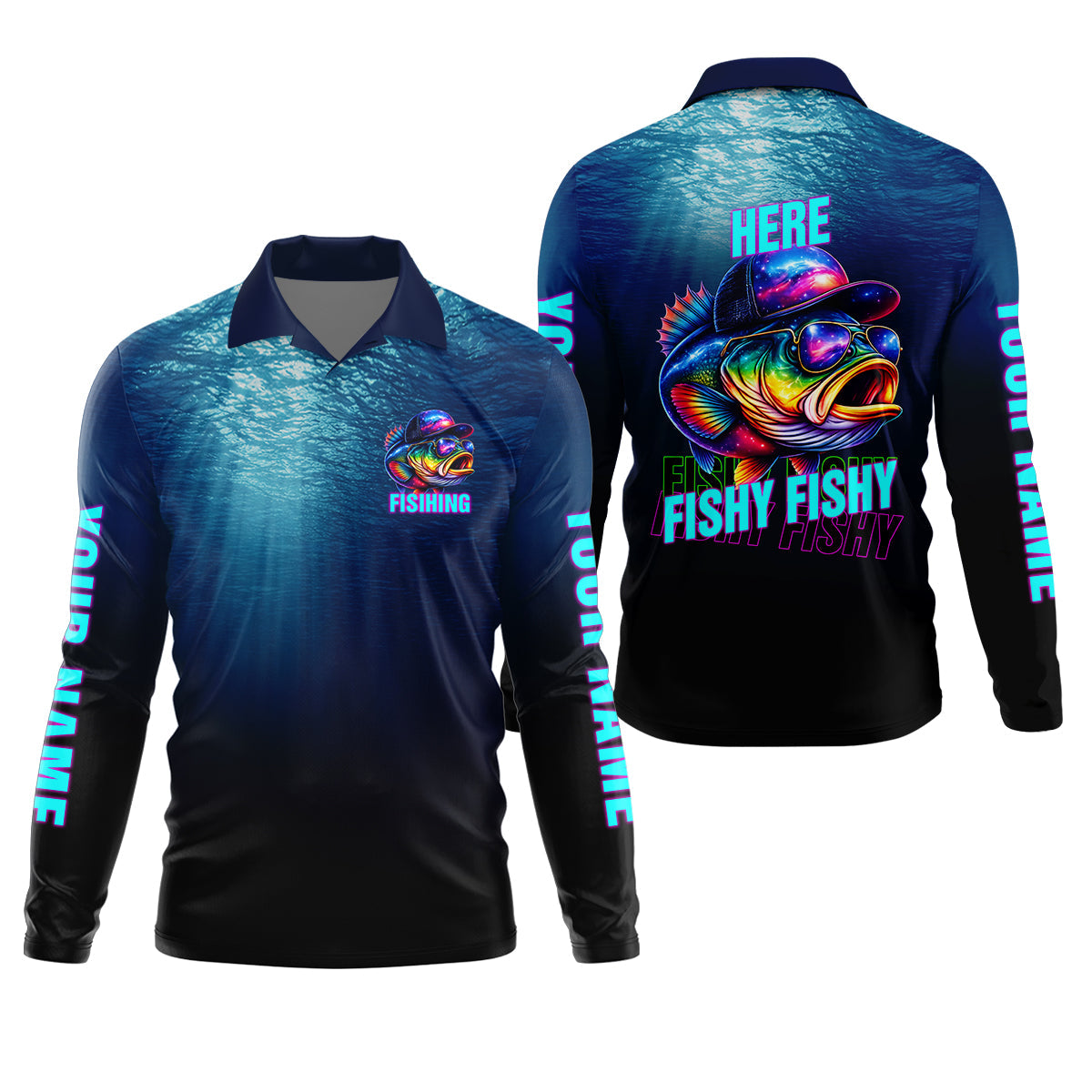 Here Fishy Fishy Fishy, Personalized Fishing Shirt, Fishing UPF Shirts, Funny Fisherman Gift