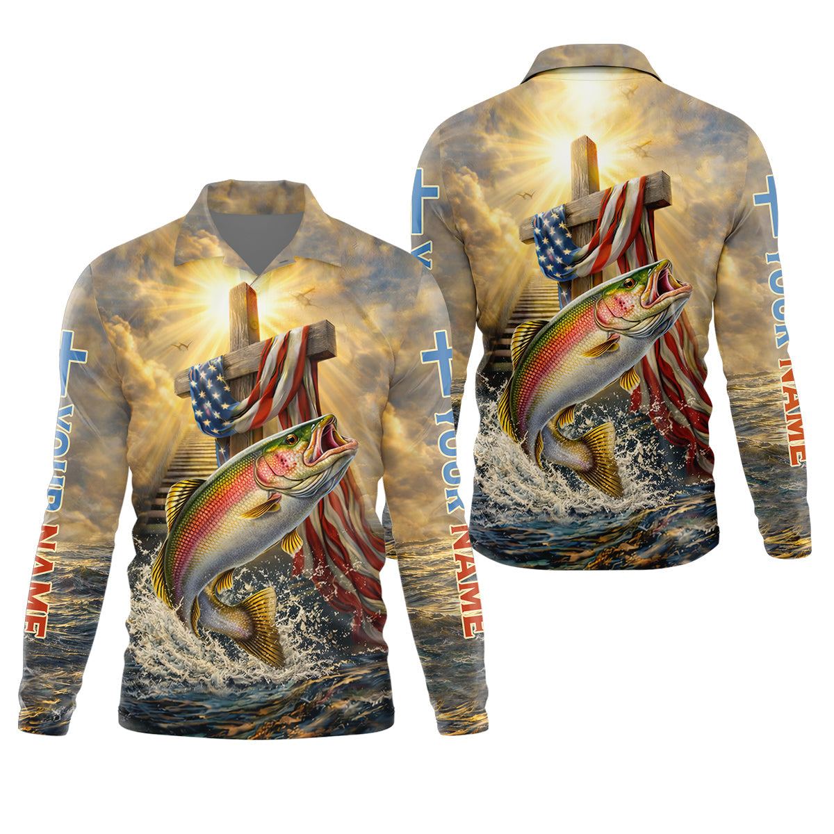 Faith Cross Patriotic Fishing Shirt, Fishing UPF Shirts, 250th Anniversary Fishing Shirts For Men