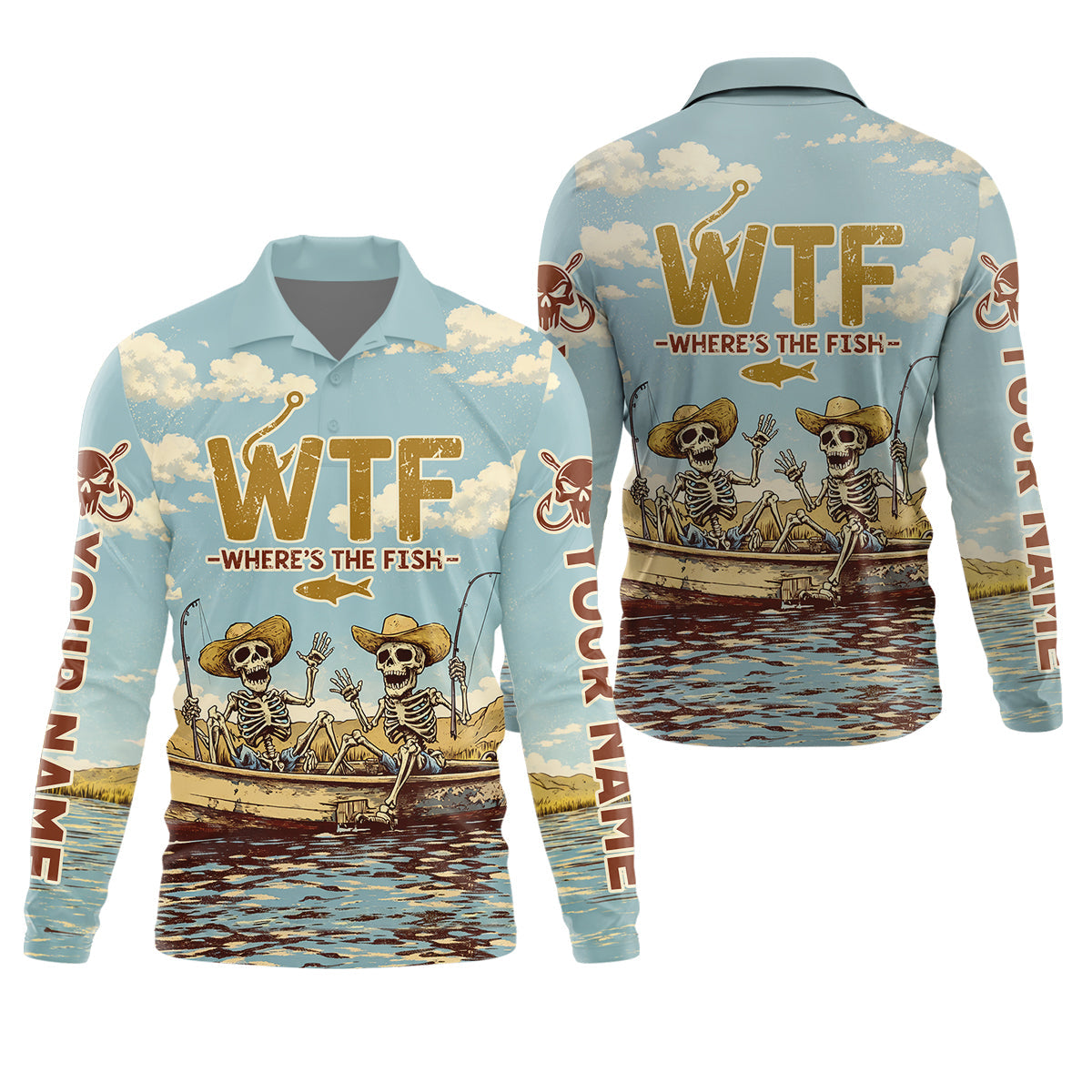 Personalized WTF Where’s The Fish Fishing Shirt, Funny Skeleton Fishermen Boat, Custom Name