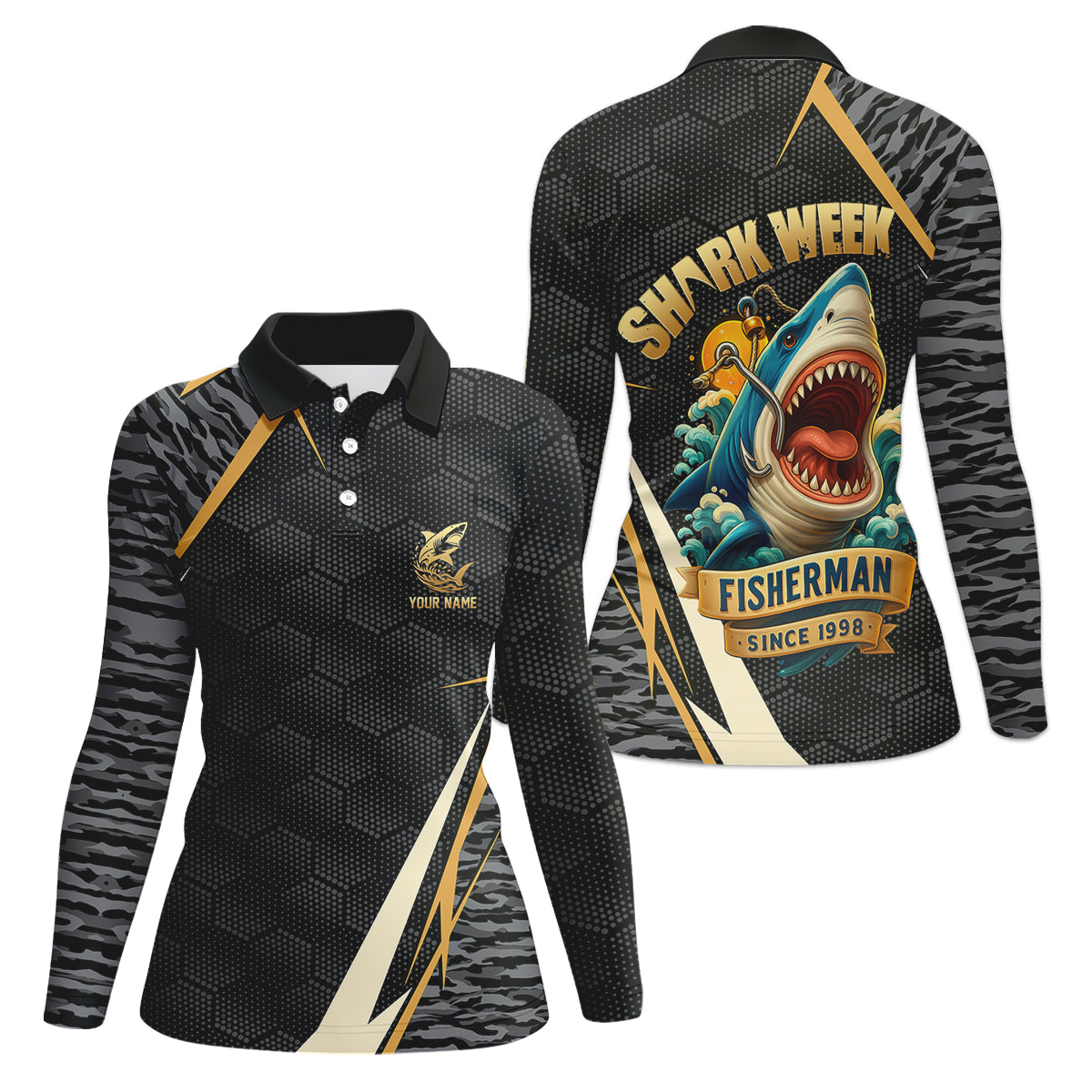 Shark Fishing SPF Shirt, Shark Week Hexagon Pattern Black Fishing Shirt, Female Fishing Shirts
