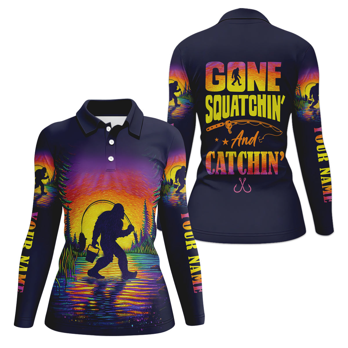 Gone Squatchin And Catching Sunset Fishing UPF Shirts, Funny Fishing Shirt, Sasquatch Fishing Shirt For Women