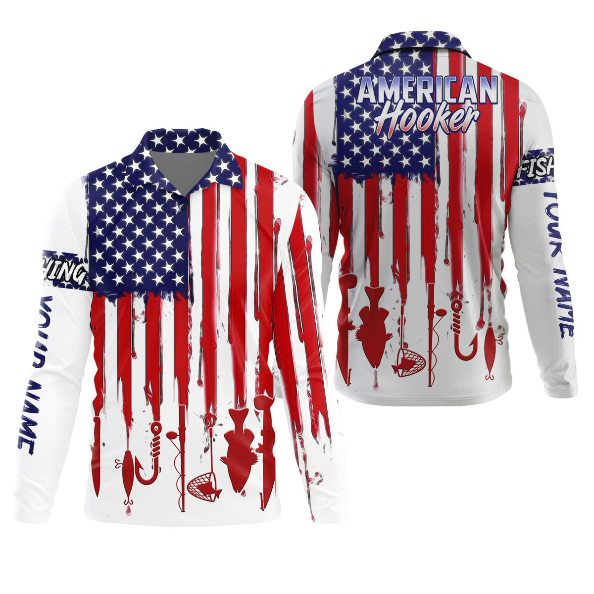 American Hooker Hooded UPF Shirt, American Flag Fish Shirt, Long Sleeve Fishing Shirts, Mens Casual Shirts