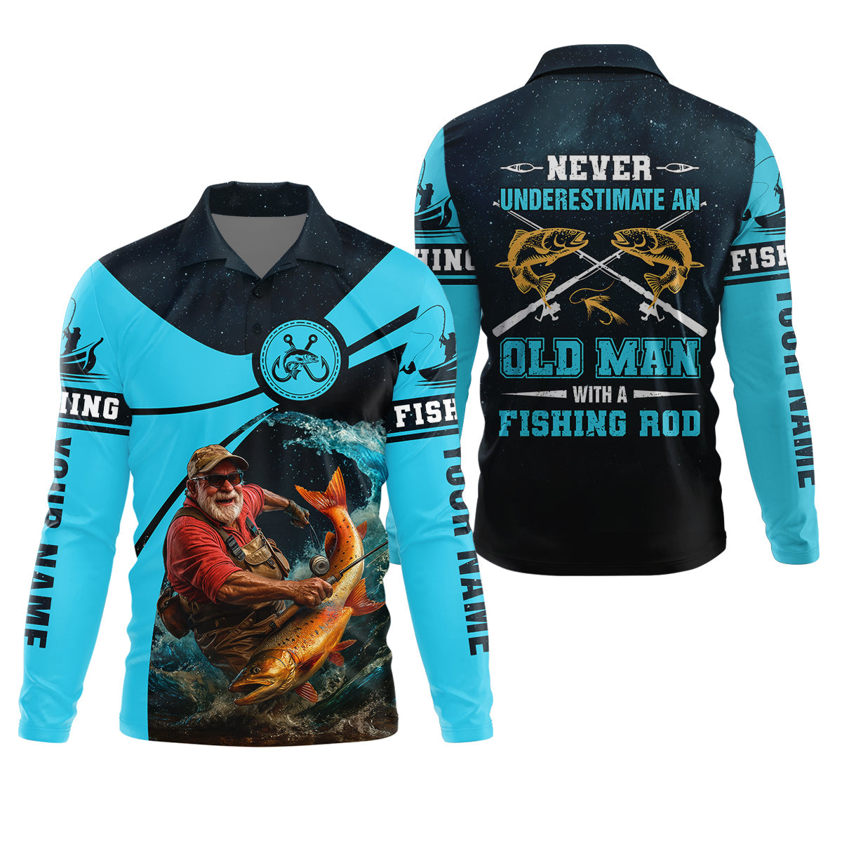 Never Underestimate An Old Man With A Fishing Rod Custom Name UPF Shirts, Men's Fishing Shirt