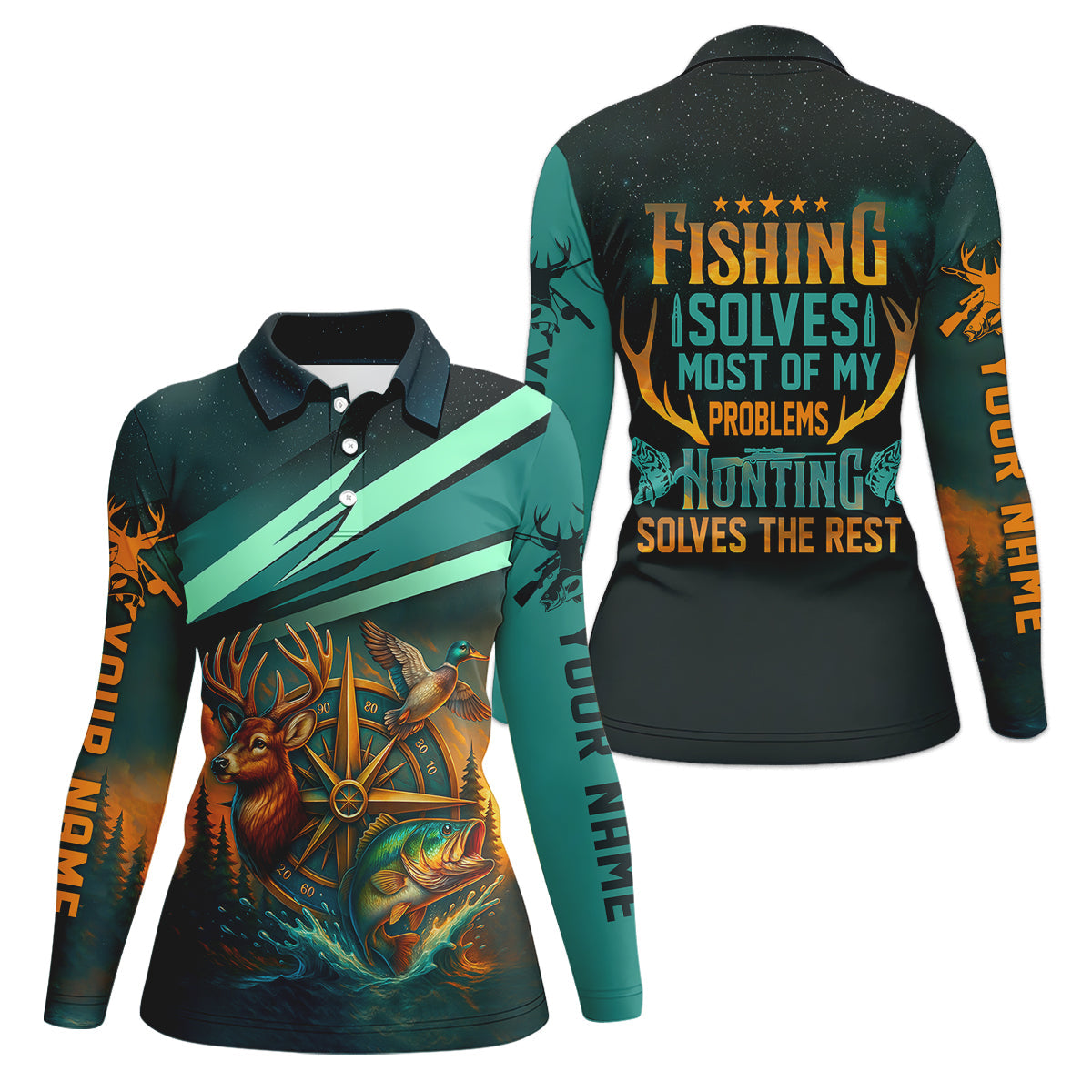 Fishing Solves Most Of My Problems Sky Star Pattern Fishing UPF Shirts, Fishing And Hunting Women SPF Shirt