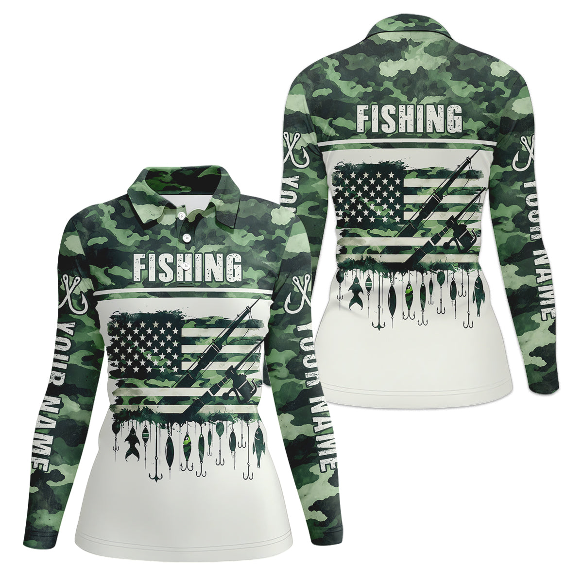Fishing Green Camo US Flag Pattern Fishing UPF Shirts, 250 Years Women Fishing Shirt