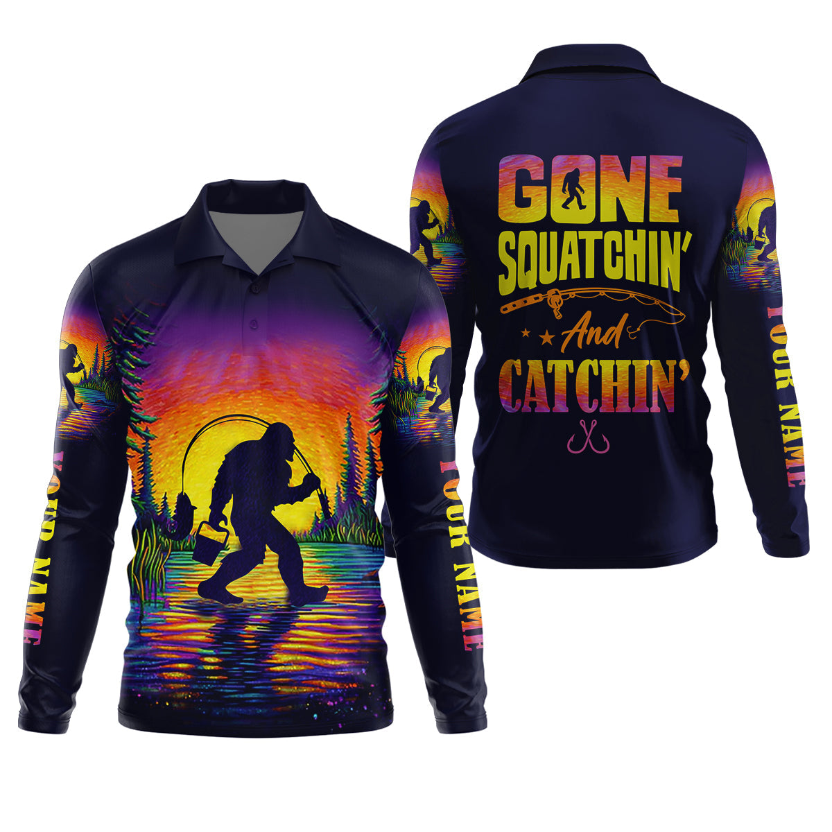 Gone Squatchin And Catching Sunset Fishing UPF Shirts, Funny Fishing Shirt, Sasquatch Fishing Shirts For Men