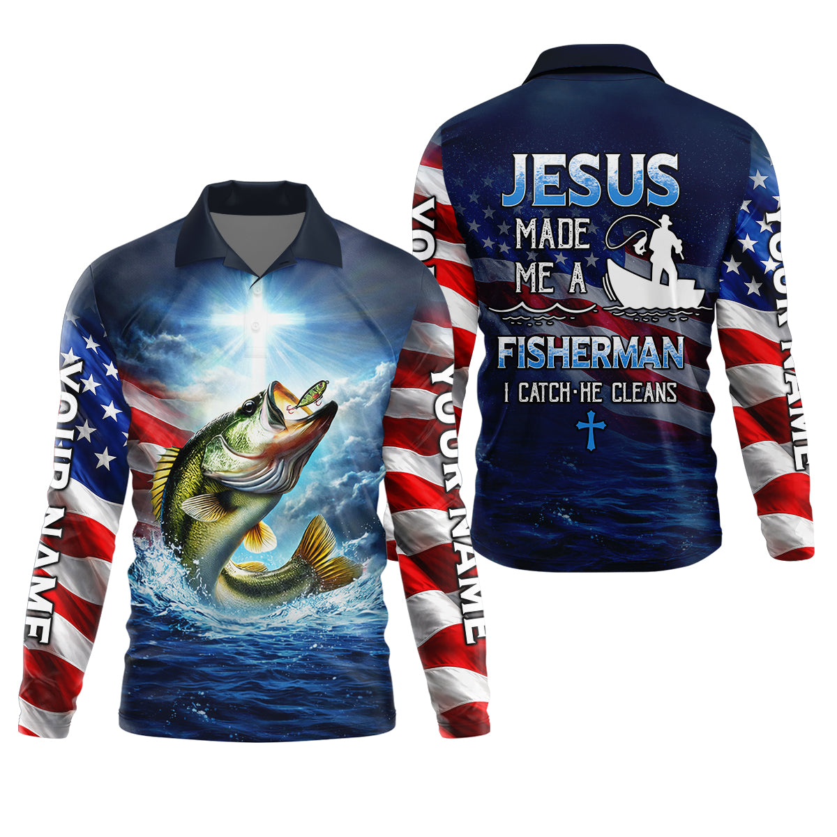 Jesus Made Me A Fisherman Shirt, Patriotic Christian Bass Fishing Shirt For Men, Fishing UPF Shirts