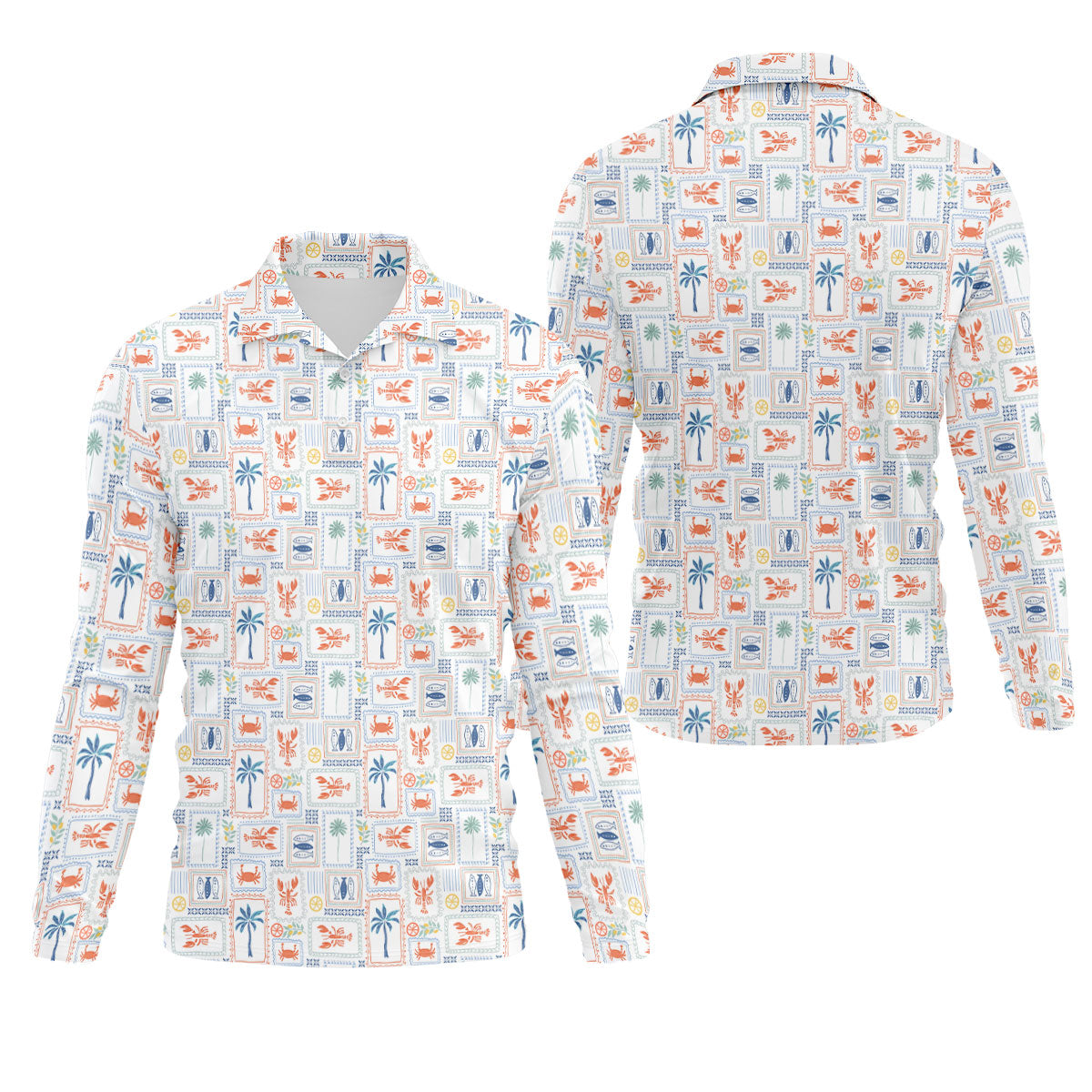 Seafood Patchwork Pattern Tropical Theme Fishing UPF Shirts, Fishing Shirts For Men