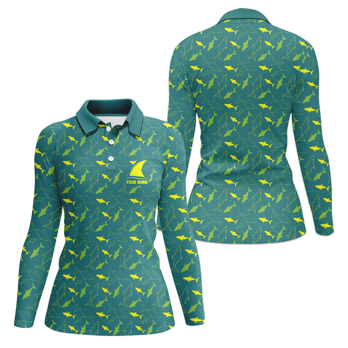 Green And Yellow Shark Pattern Performance Fishing Shirts, Women SPF Shirt, Female Fishing Shirts