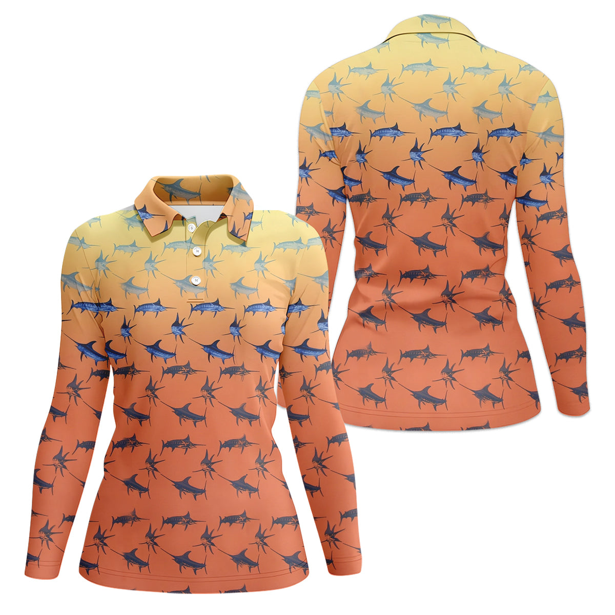 Swordfish Patter Orange Fishing Shirt, Cute Women's Fishing Outfits, Female Fishing Shirts, SPF Shirt