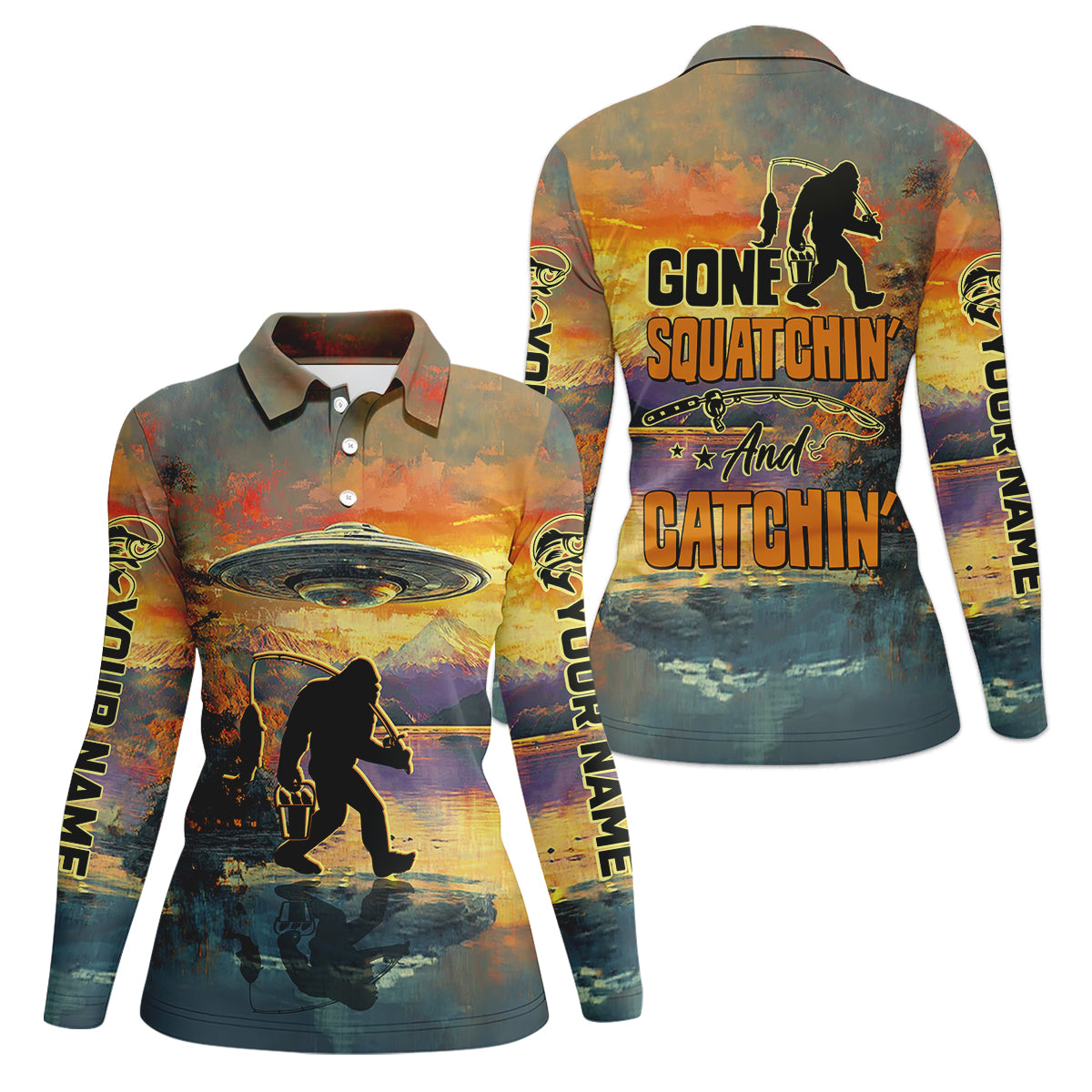 Gone Squatchin And Catchin UFO Bigfoot Fishing UPF Shirts, Fishing Shirt For Women, Female Fishing Shirts