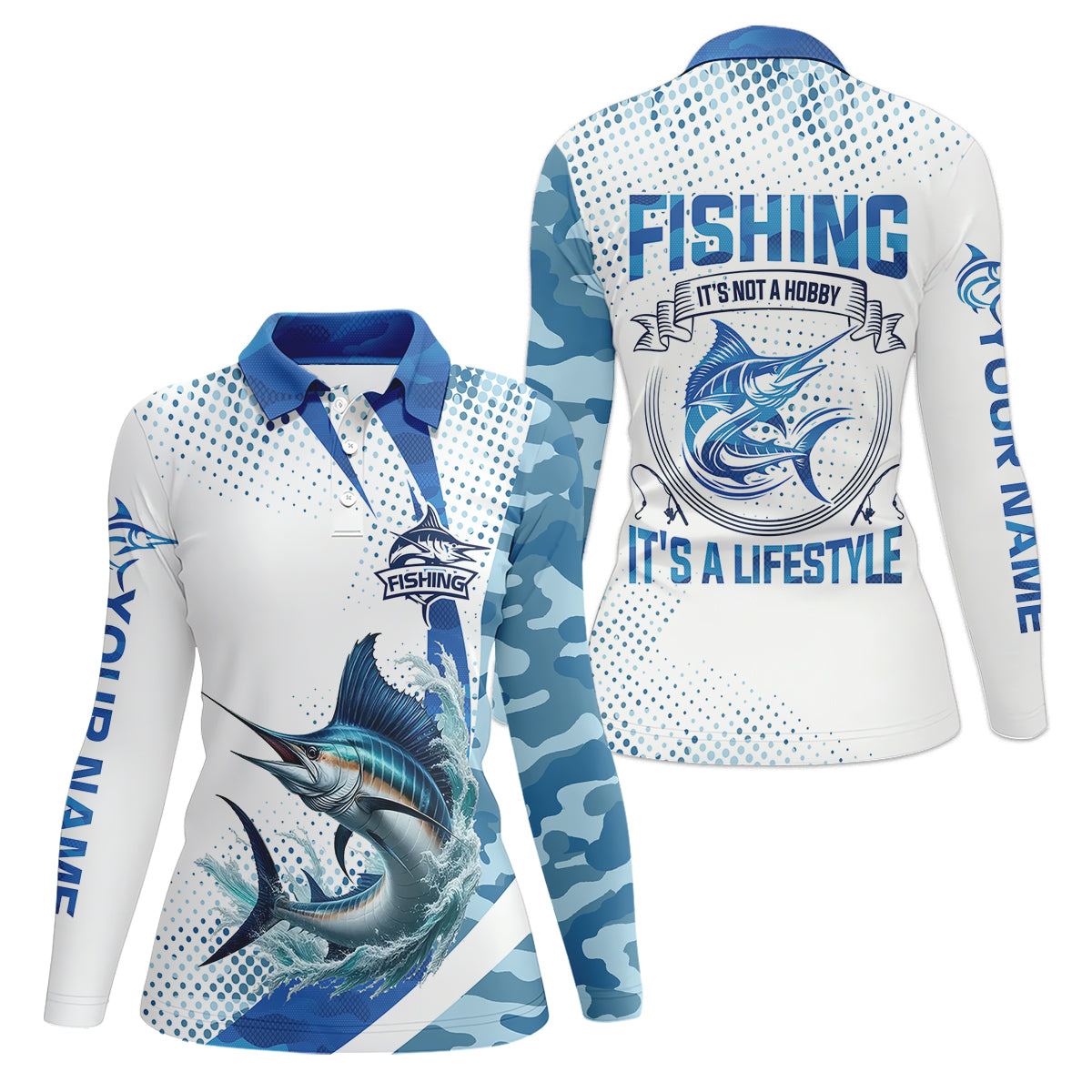 Fishing It's Not A Hobby It's A Lifestyle Blue Camo Fishing UPF Shirts, Blue Marlin Fishing Shirt For Women