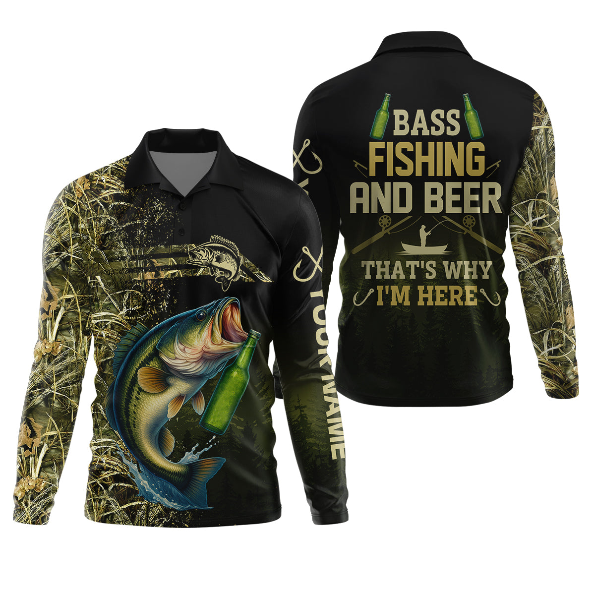 Bass Fishing And Beer That's Why I'm Here Camouflage Fishing Shirts, Funny Fishing Shirt, SPF Shirt For Men