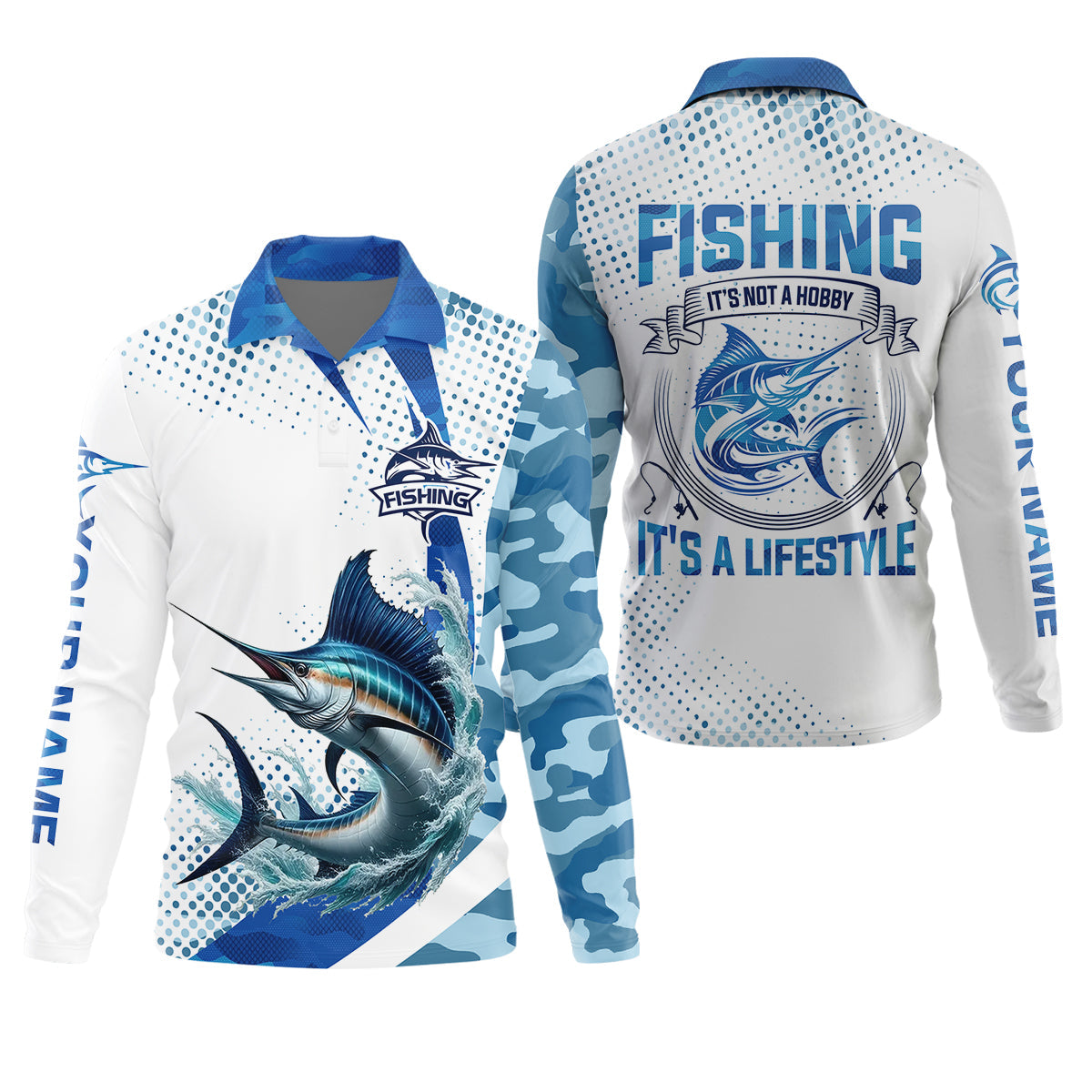 Fishing It's Not A Hobby It's A Lifestyle Blue Camo Fishing UPF Shirts, Blue Marlin Fishing Shirts For Men