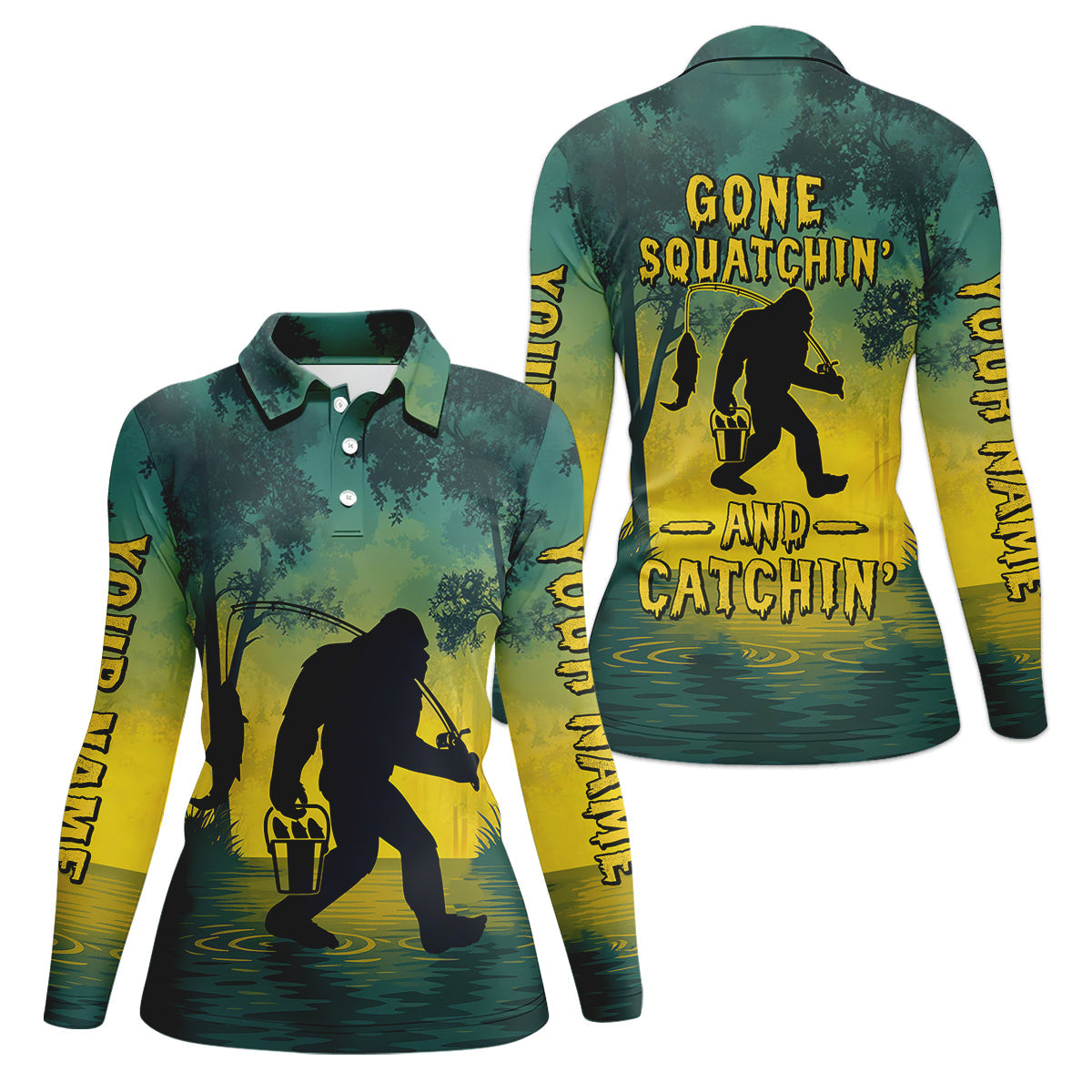 Gone Squatchin And Catching Yellow Forest Bigfoot Fishing Shirt For Women, Fishing UPF Shirts