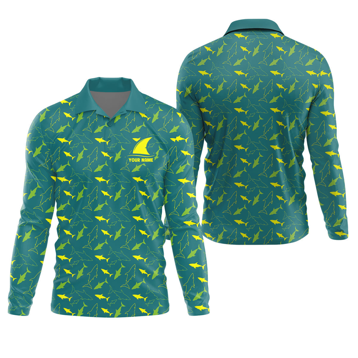 Green And Yellow Shark Pattern Performance Fishing Shirts, SPF Shirt For Men, Fishing Gifts For Men