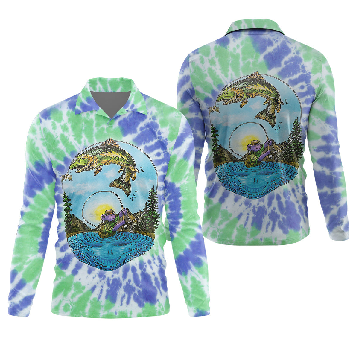 Bear Fishing Green And Purple Cool Tie Dye Patterns Fishing UPF Shirts, Fishing Gifts For Men, Men's Fishing Shirt