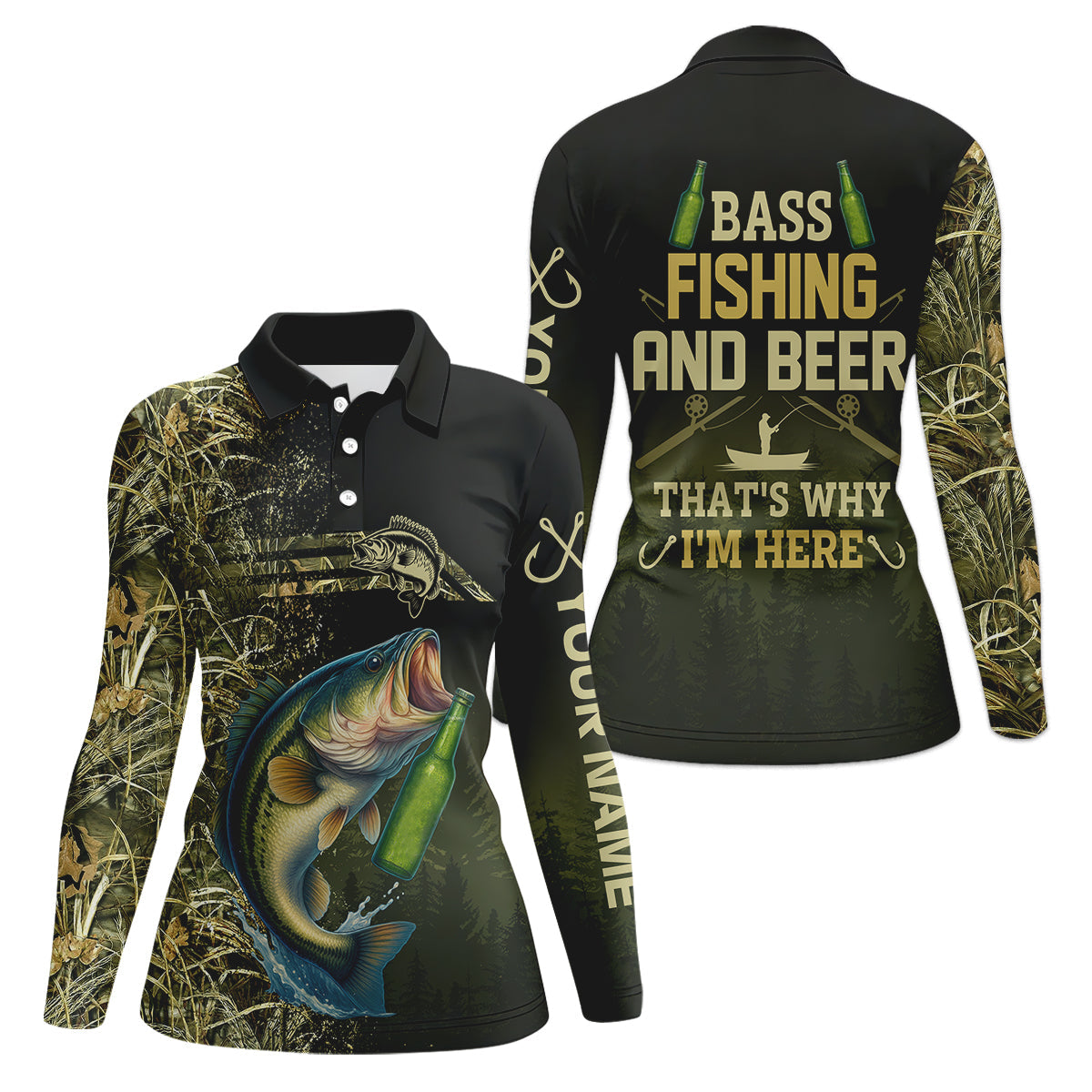 Bass Fishing And Beer That's Why I'm Here Camouflage Fishing Shirts, Funny Fishing Shirt, Women SPF Shirt