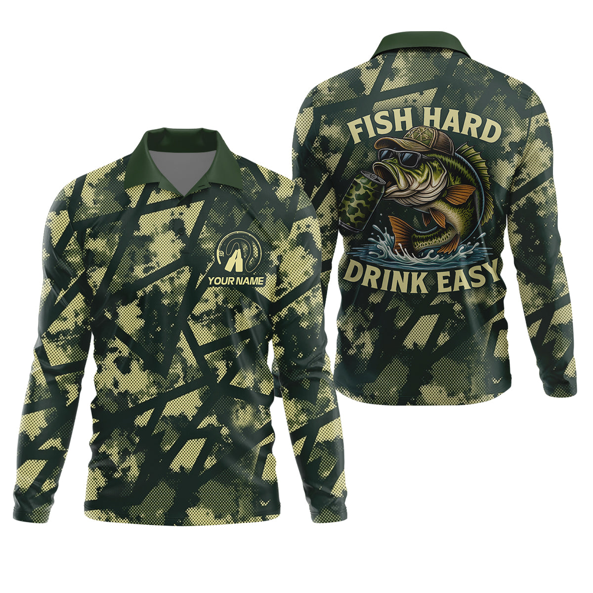 Fish Hard Drink Easy Green Camo Funny Fishing Shirt, SPF Shirt For Men, Largemouth Bass Fishing Shirts For Men