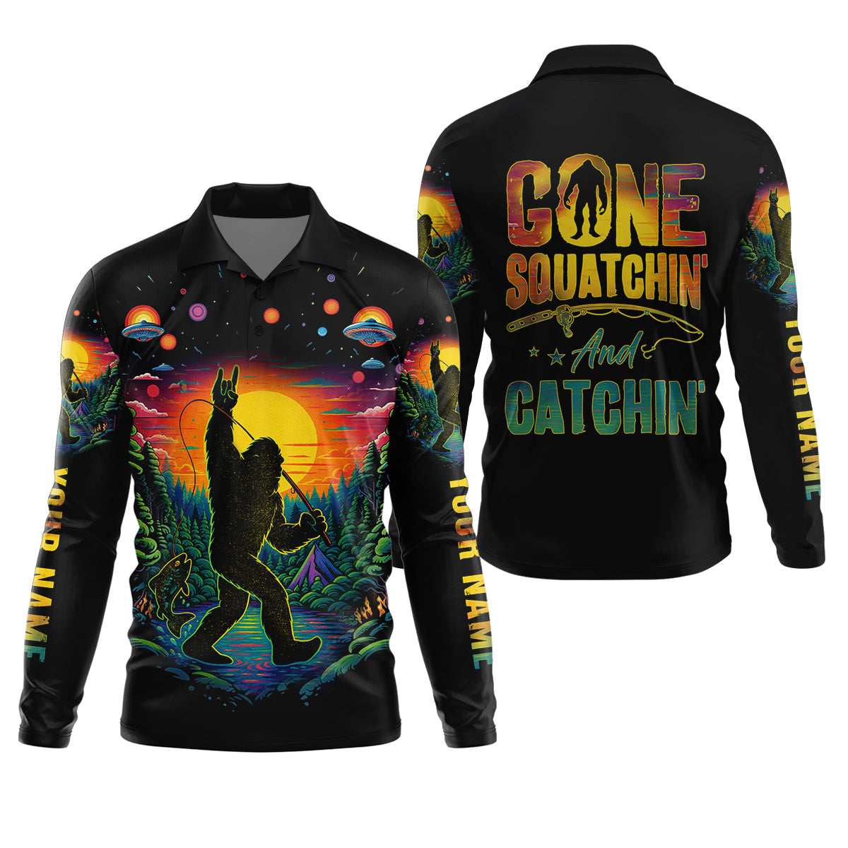 Gone Squatchin And Catching Alien Bigfoot Funny Fishing Shirt, SPF Shirt For Men, Fishing Shirts For Men
