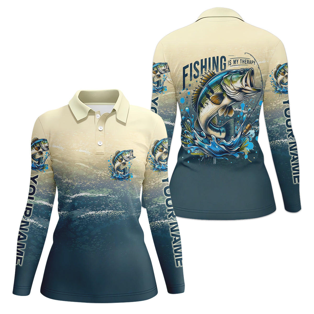 Fishing Is My Therapy Navy And Beige Fishing UPF Shirts, Fishing Shirt For Women, Female Fishing Shirts