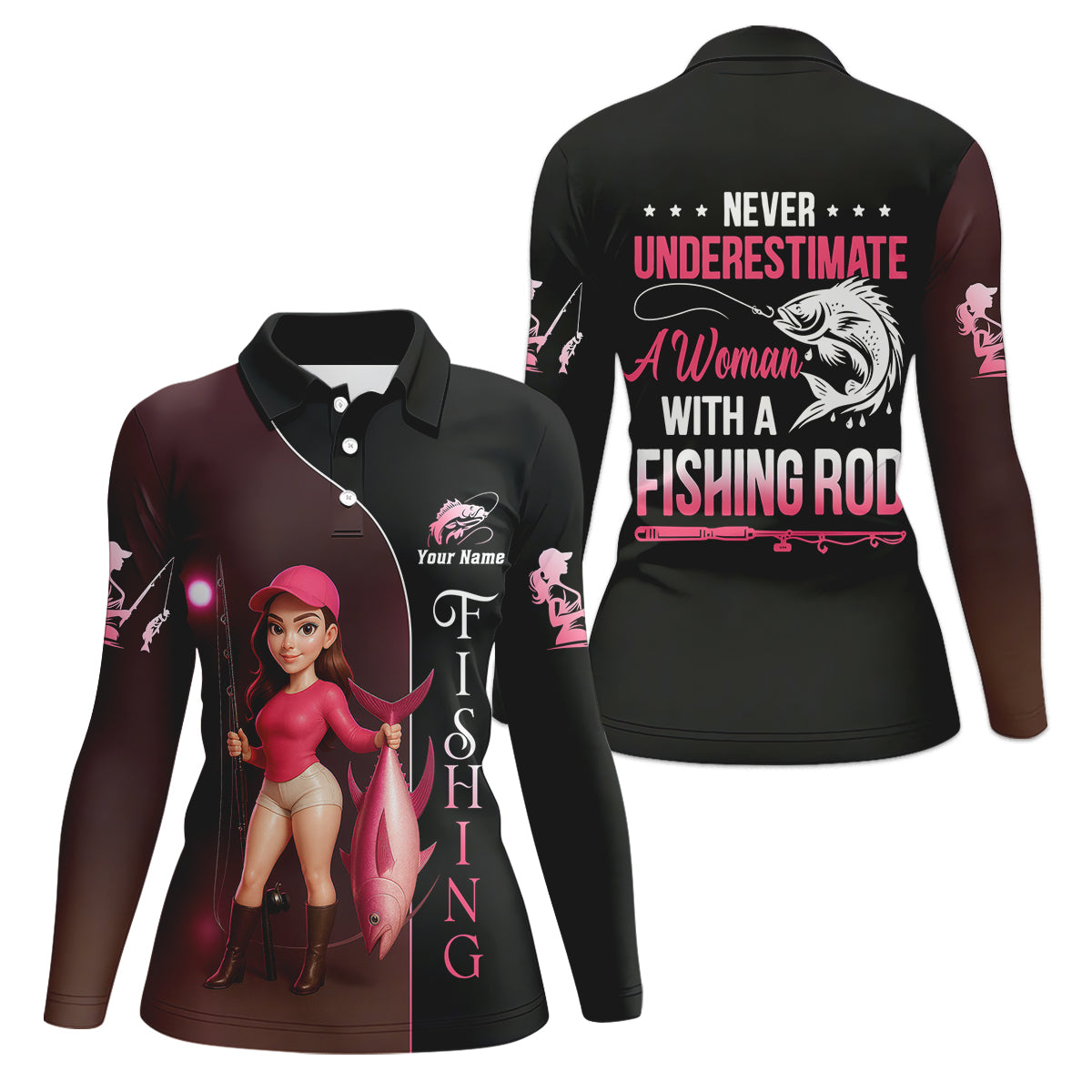 Never Underestimate A Women With A Fishing Rod Custom Name Fishing UPF Shirts, Women Fishing Shirt