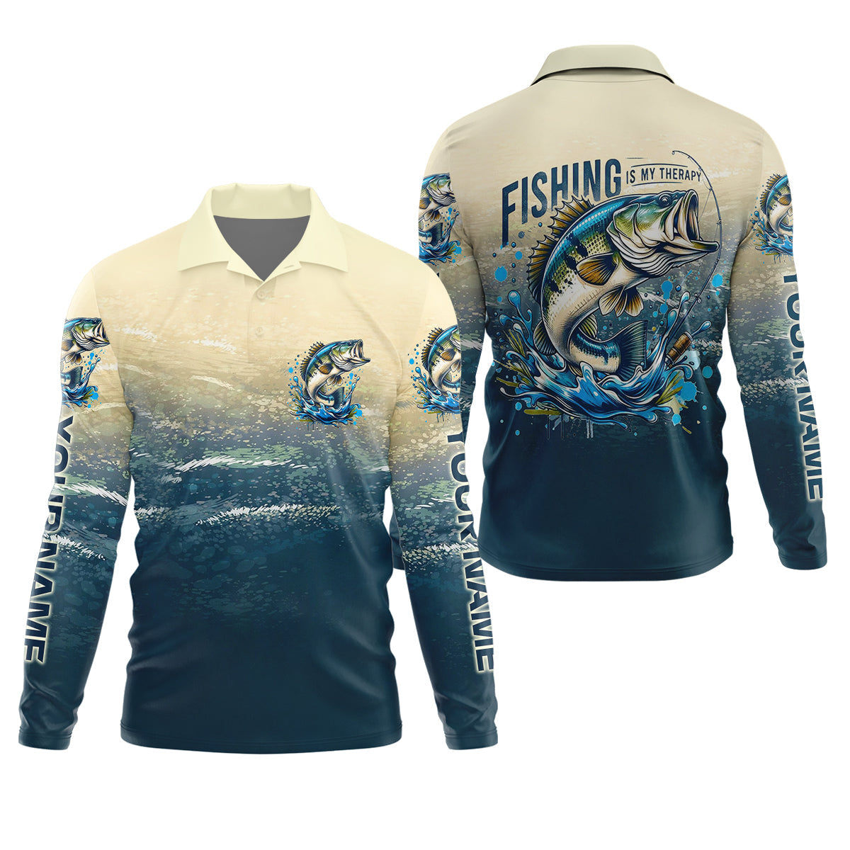 Fishing Is My Therapy Navy And Beige Fishing UPF Shirts, Gift For Fisherman, Fishing Shirts For Men