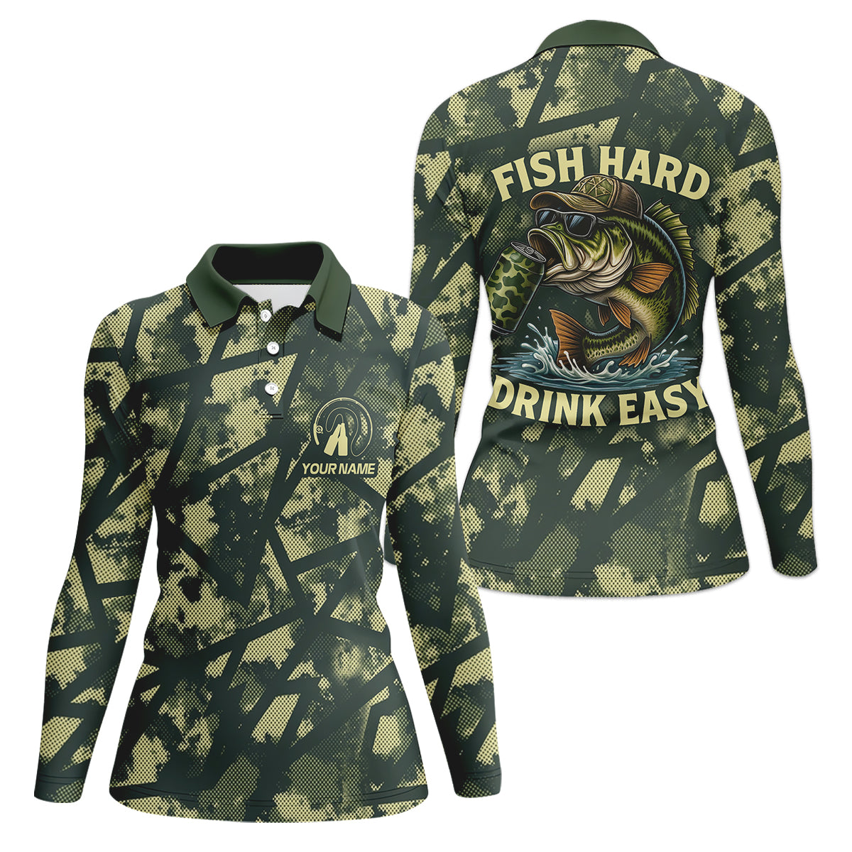Fish Hard Drink Easy Green Camo Funny Fishing Shirt, Women SPF Shirt, Largemouth Bass Female Fishing Shirts