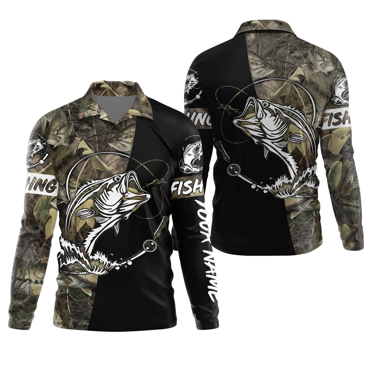 Camo Black Fishing UPF Shirts, Camouflage Fishing Shirts, Fishing Gifts For Men, Men's Fishing Shirt