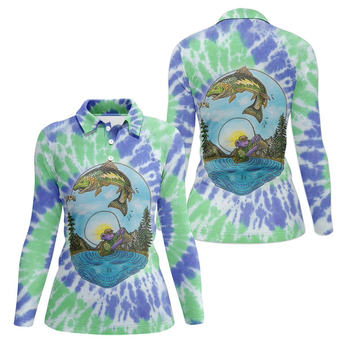 Bear Fishing Green And Purple Cool Tie Dye Patterns Fishing UPF Shirts, Women Fishing Shirt, Female Fishing Shirts
