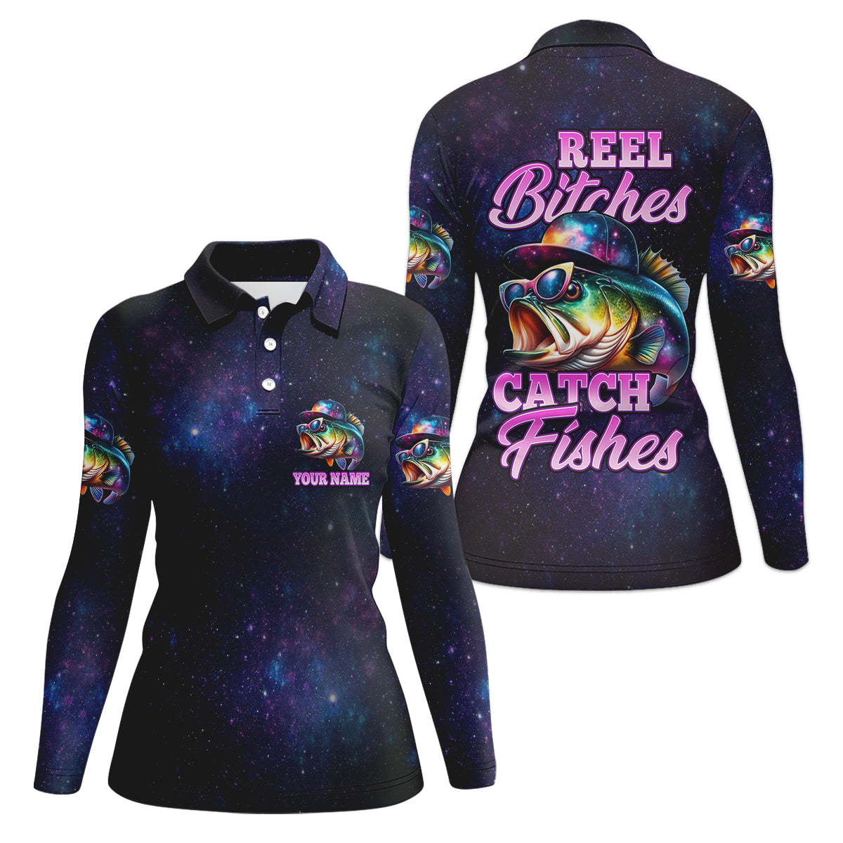 Reel Bitches Catch Fishes Galaxy Pattern Fisherwomen SPF Shirt, Funny Fishing Shirt, Fishing Shirt For Women