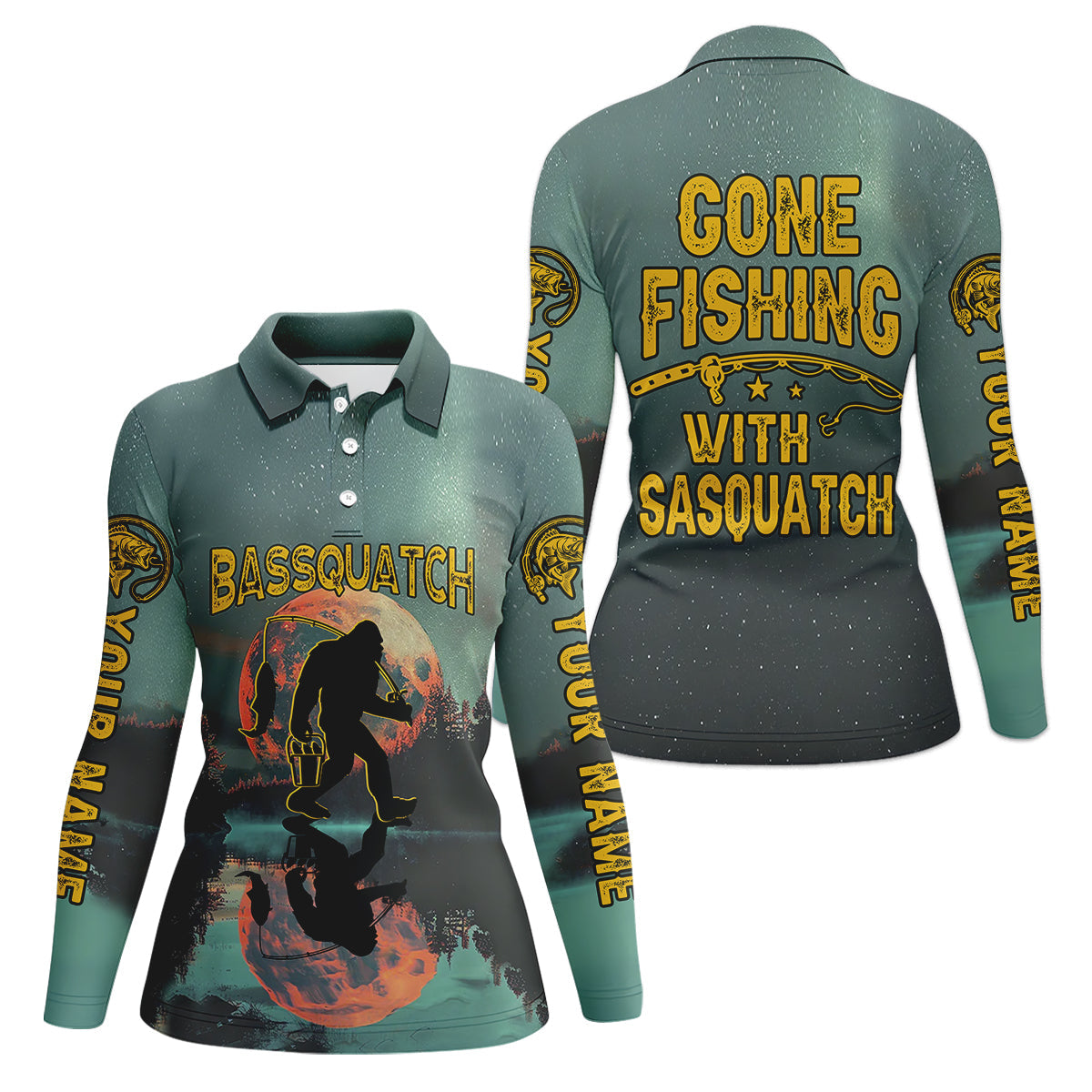 Gone Fishing With Sasquatch Bassquatch Fishing UPF Shirts, Fishing Shirt For Women, Female Fishing Shirts
