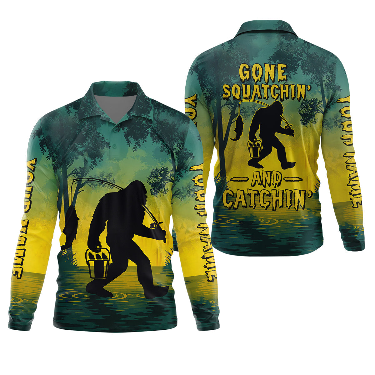 Gone Squatchin And Catching Yellow Forest Bigfoot Fishing UPF Shirts, Funny Fishing Shirt, Fishing Gifts For Men