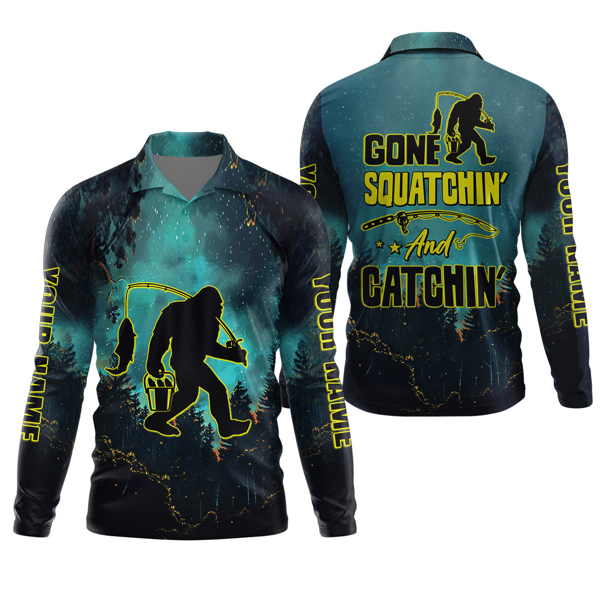 Gone Squatchin And Catching Night Forest Performance Fishing Shirts, SPF Shirt For Men, Gift For Fisherman