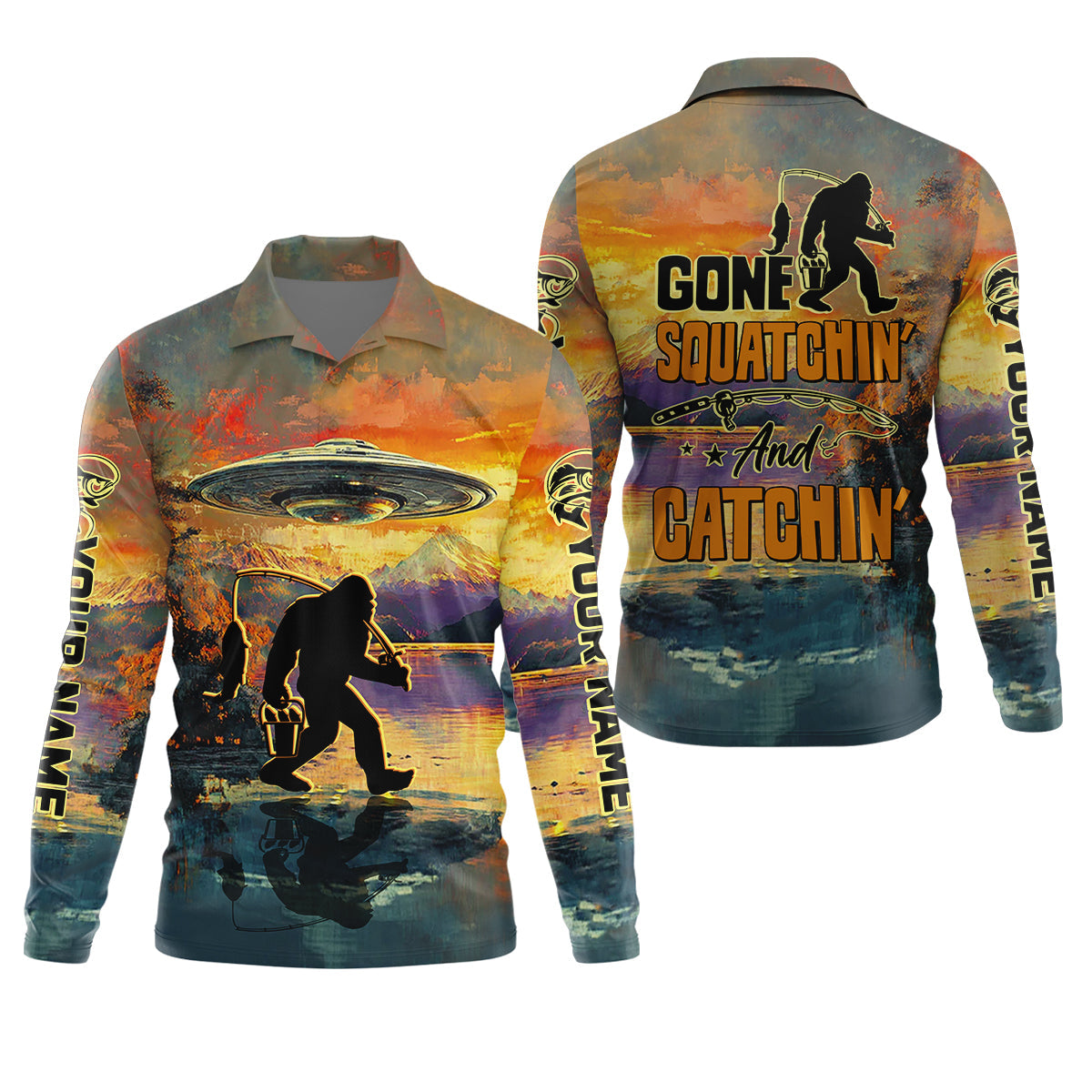 Gone Squatchin And Catchin UFO Bigfoot Fishing UPF Shirts, Fishing Gifts For Men, Fishing Shirts For Men