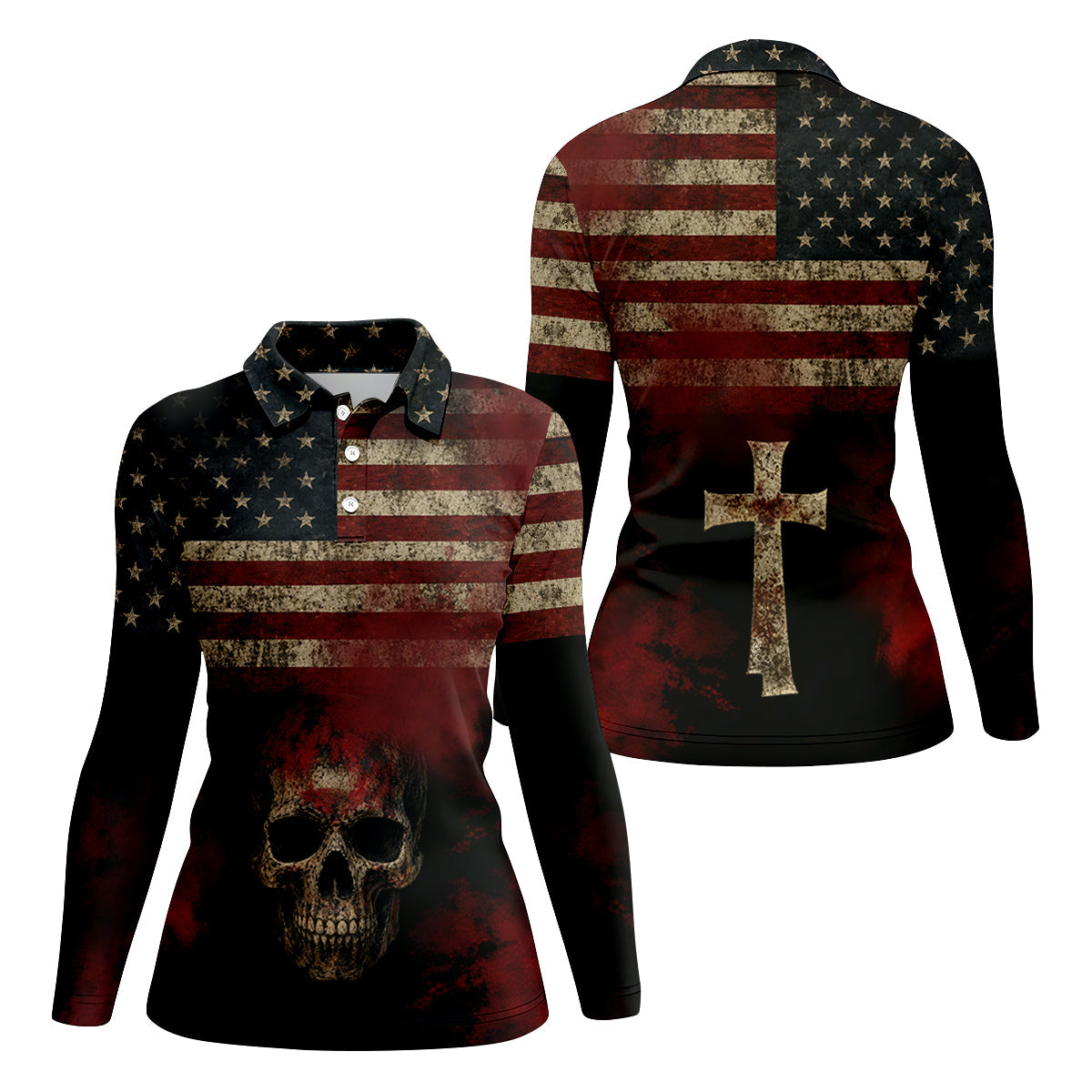 Cool Skull Faith Cross Distressed US Flag 4th Of July Golf Shirt, 250 Years Golf Shirt For Women