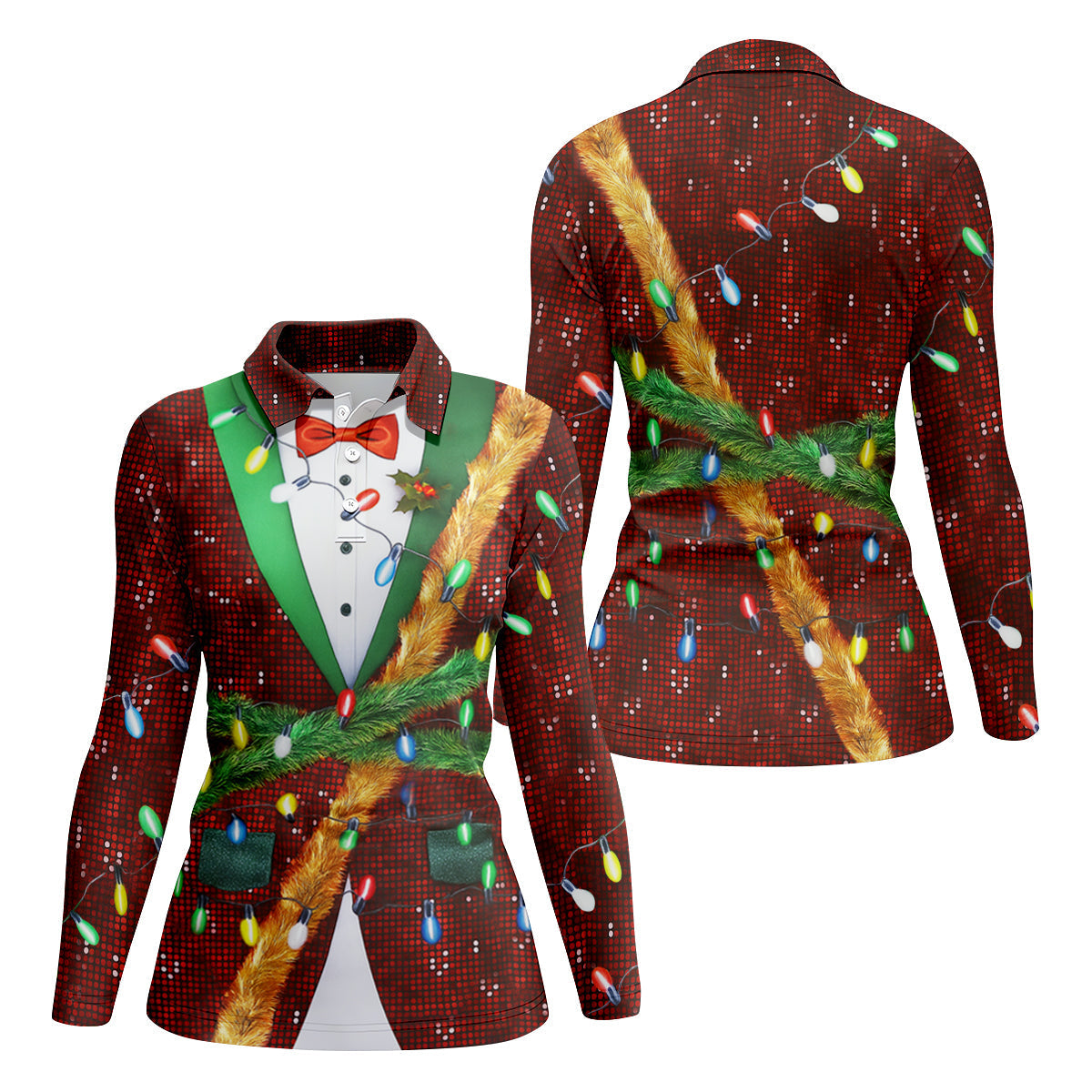 Christmas Lights Disco Ball Pattern Women Golf Top, Christmas Golf Shirt, Ladies Golf Tops