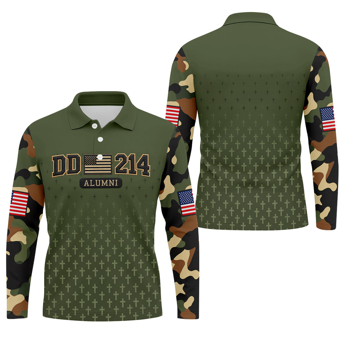 DD-214 Alumni Flag Cross Camo Polo Shirt, Veterans Day Shirt, Golf Shirts For Men