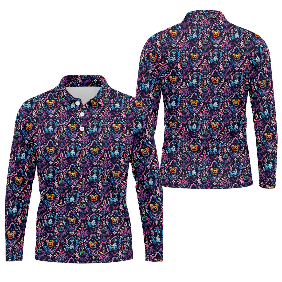 Colorful Ghost Pumpkin Floral Halloween Polo Shirt, Mens Golf Polo, Printed Golf Shirts