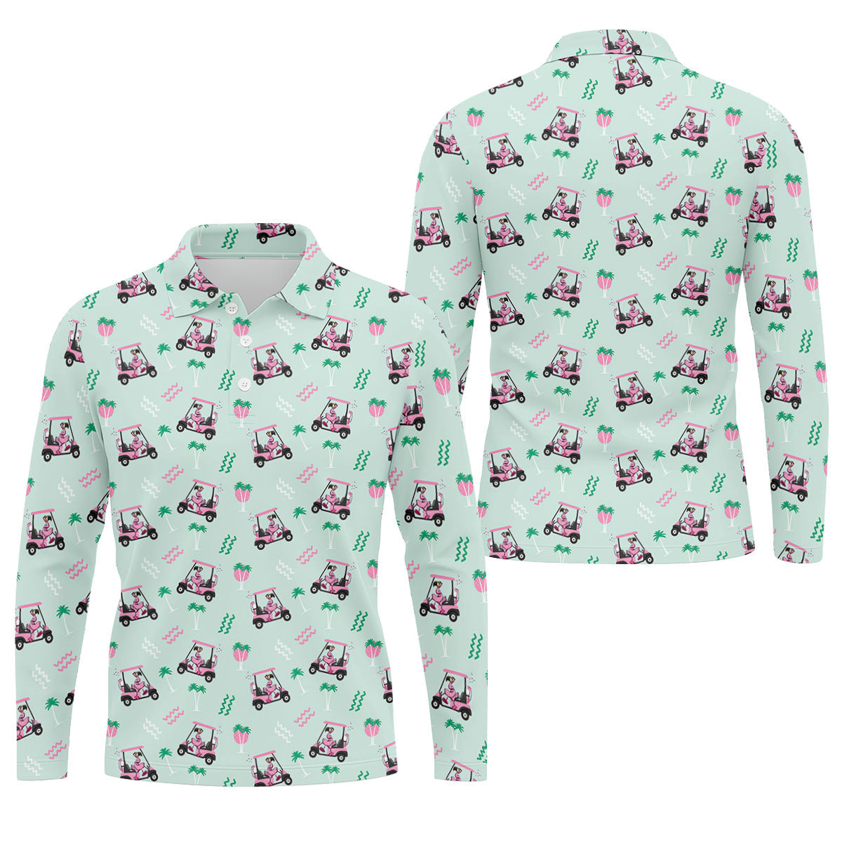 Funny Flamingo Golf Cart Tropical Pattern Polo Shirt, Mens Golf Polo, Golf Apparel For Men