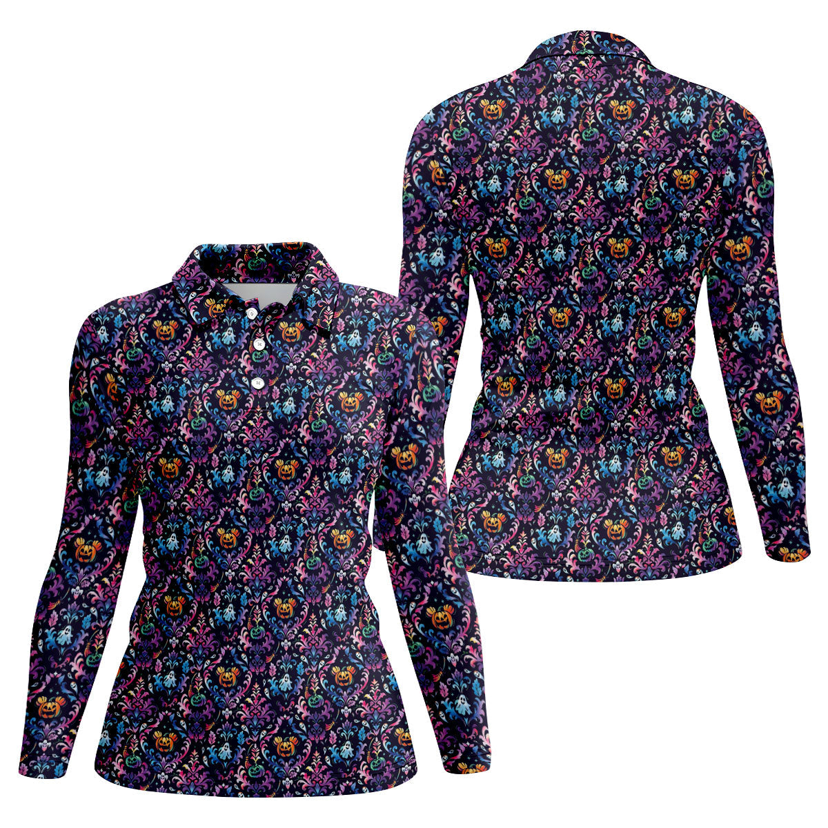 Colorful Ghost Pumpkin Floral Halloween Polo Shirt, Women’s Sleeveless Golf Shirt, Ladies Golf Top