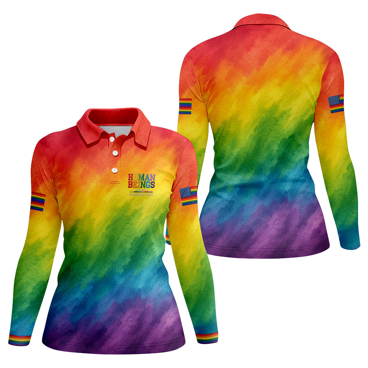 Human Beings LGBT Rainbow Women's Golf Tops, LGBT Pride Month Gradient Watercolor Ladies Golf Shirts