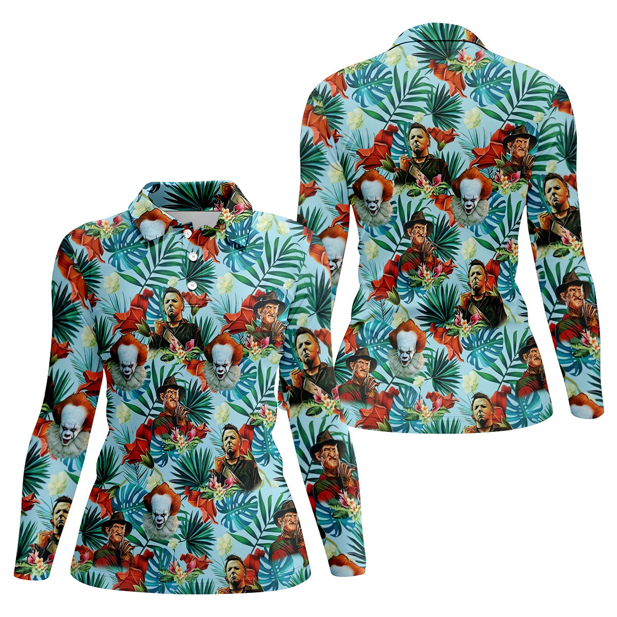 Tropical Horror Character Hawaiian Golf Shirt, Women’s Golf Polo, Halloween Golf Shirt