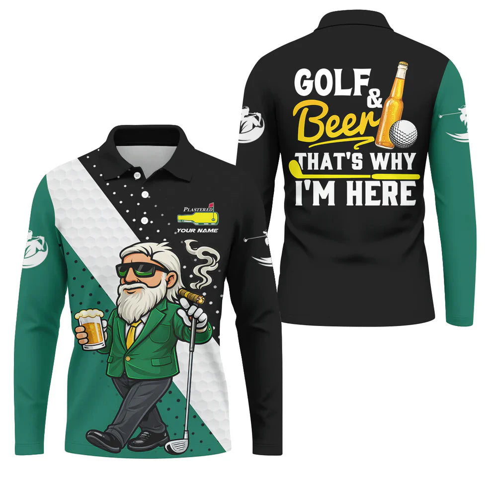 Golf And Beer That's Why I'm Here Plastered Beer Bottle Logo Golf Tops For Men, Fun Golf Shirt