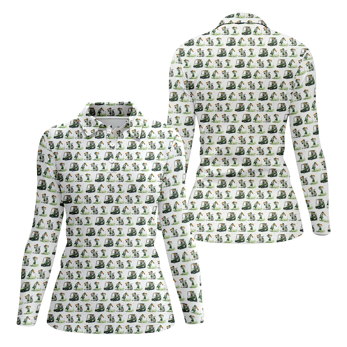Funny Toucan Golf Pose White And Green Ladies Golf Tops, Fun Women's Golf Shirts, Golf Shirt For Women