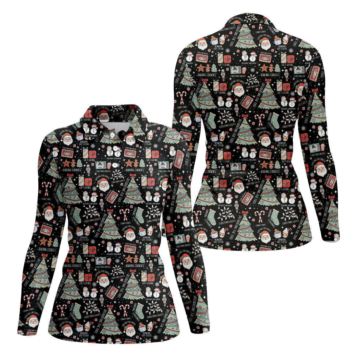 Cute Santa Claus Gift Black Women's Golf Tops, Christmas Golf Shirt, Golf Gift For Ladies