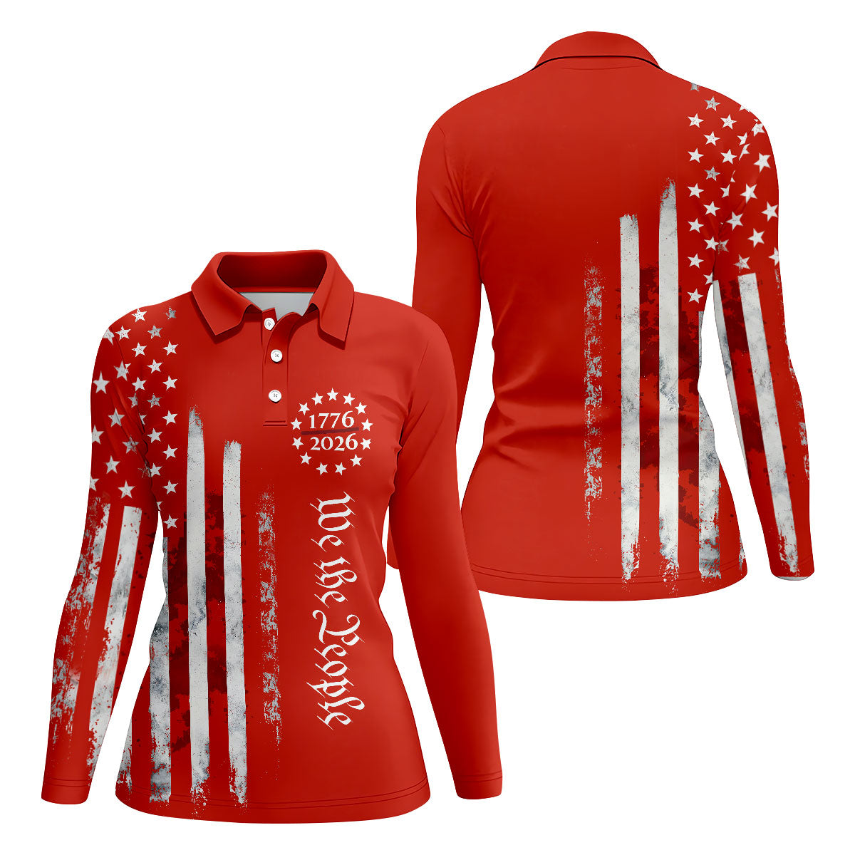 We The People Distressed Flag Patriotic Red Golf Shirt, 250 Years 4th Of July Golf Shirt For Women